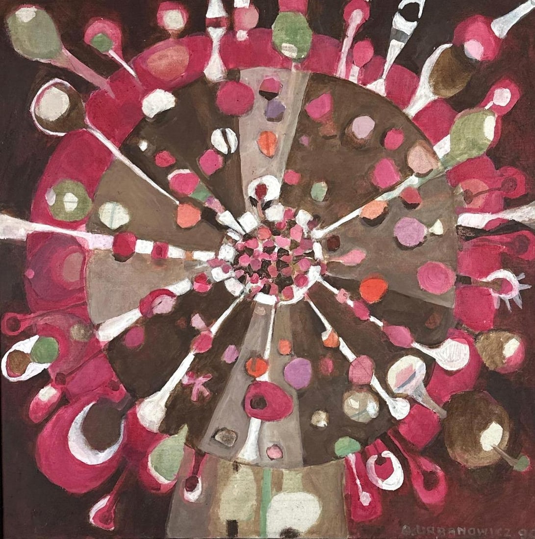 RADIAL ABSTRACT PAINTING SIGNED URBANOWICZ: Radiating abstract composition of tapering strokes in rose, maroon and white spinning out from a central burst on a dark ground, acrylic on canvas, signed Approximate Dimensions: overall 25" x 25" Art