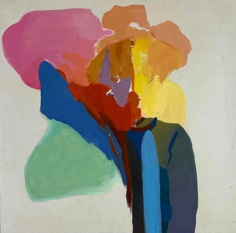 JACK RAMSEY SNAP FINGERWOODS ABSTRACT PAINTING: Abstract composition of overlapping translucent colour fields, acrylic on canvas, in a slim silvered frame Approximate Dimensions: 25" x 25" Artist or Maker: Jack Ramsey, titled Snap Fingerwoods per t