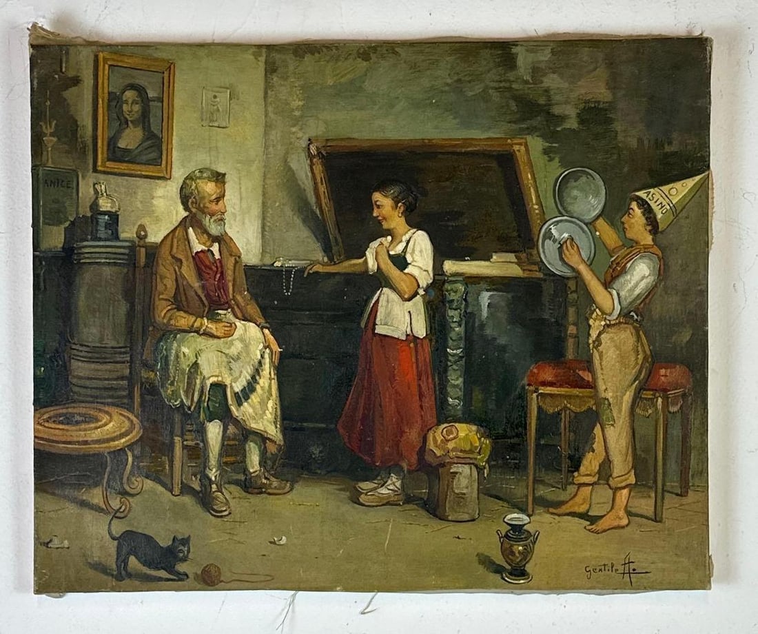THE COSTUME MAKER OIL ON CANVAS SIGNED A. GENTILE: Interior scene, oil on canvas, signed lower right, unframed Approximate Dimensions: 20" x 17" Artist or Maker: Signed A. Gentile Provenance: From a New York Collector Notes: Although care is taken to 