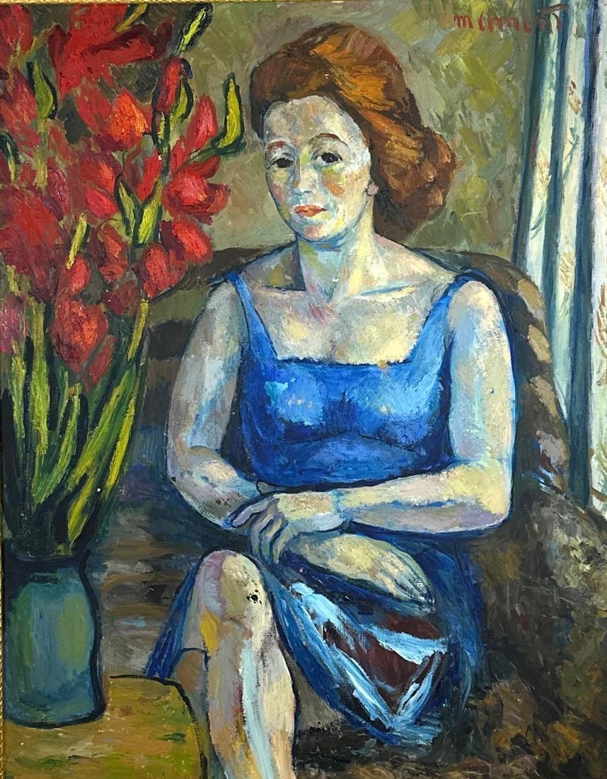 MODERNIST OIL PAINTING PORTRAIT OF A SEATED WOMAN, SIGNED: A framed, modernist oil painting of a seated woman in a blue dress next to a large vase of red flowers. Art Approximate Dimensions: 38" L x 29" W Overall Approximate Dimensions: 44" L x 36" W Artist o