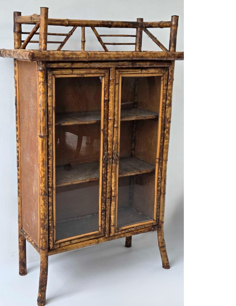 AESTHETIC MOVEMENT TORTOISE BAMBOO GLAZED DOUBLE DOOR GALLERIED CABINET (1 of 20)