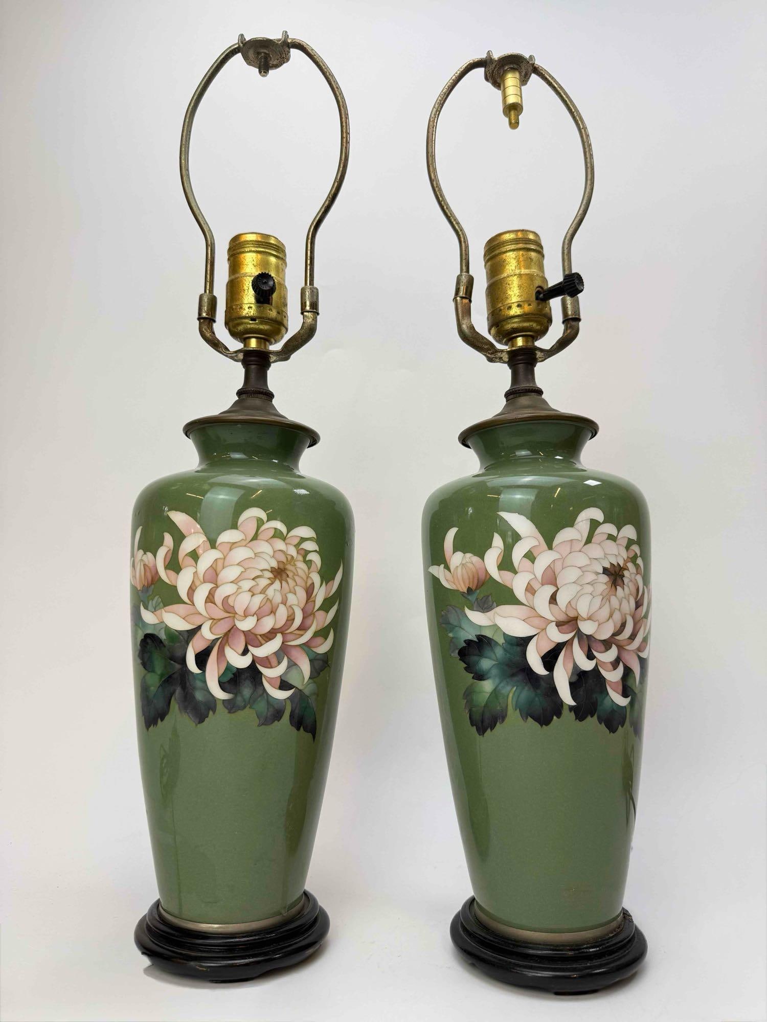 PAIR OF JAPANESE CLOISONNE VASES MOUNTED AS TABLE LAMPS: Pair of cloisonne enamel vases of ovoid form. Approximate Dimensions: 19.5" H X 5" W Artist or Maker: Unknown Provenance: From a New York Collector