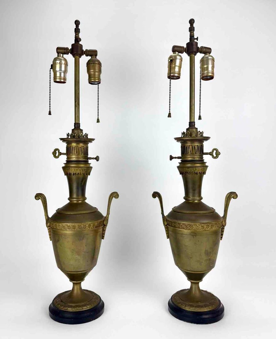 PAIR OF BRONZED URN FORM TABLE LAMPS WITH FIGURAL PRINTED SHADES (1 of 12)