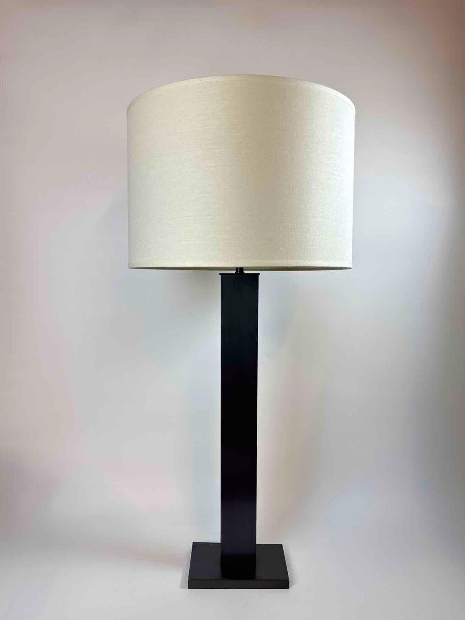 POTTERY BARN TABLE LAMP, BRONZED SQUARE COLUMN WITH LINEN DRUM SHADE - 2