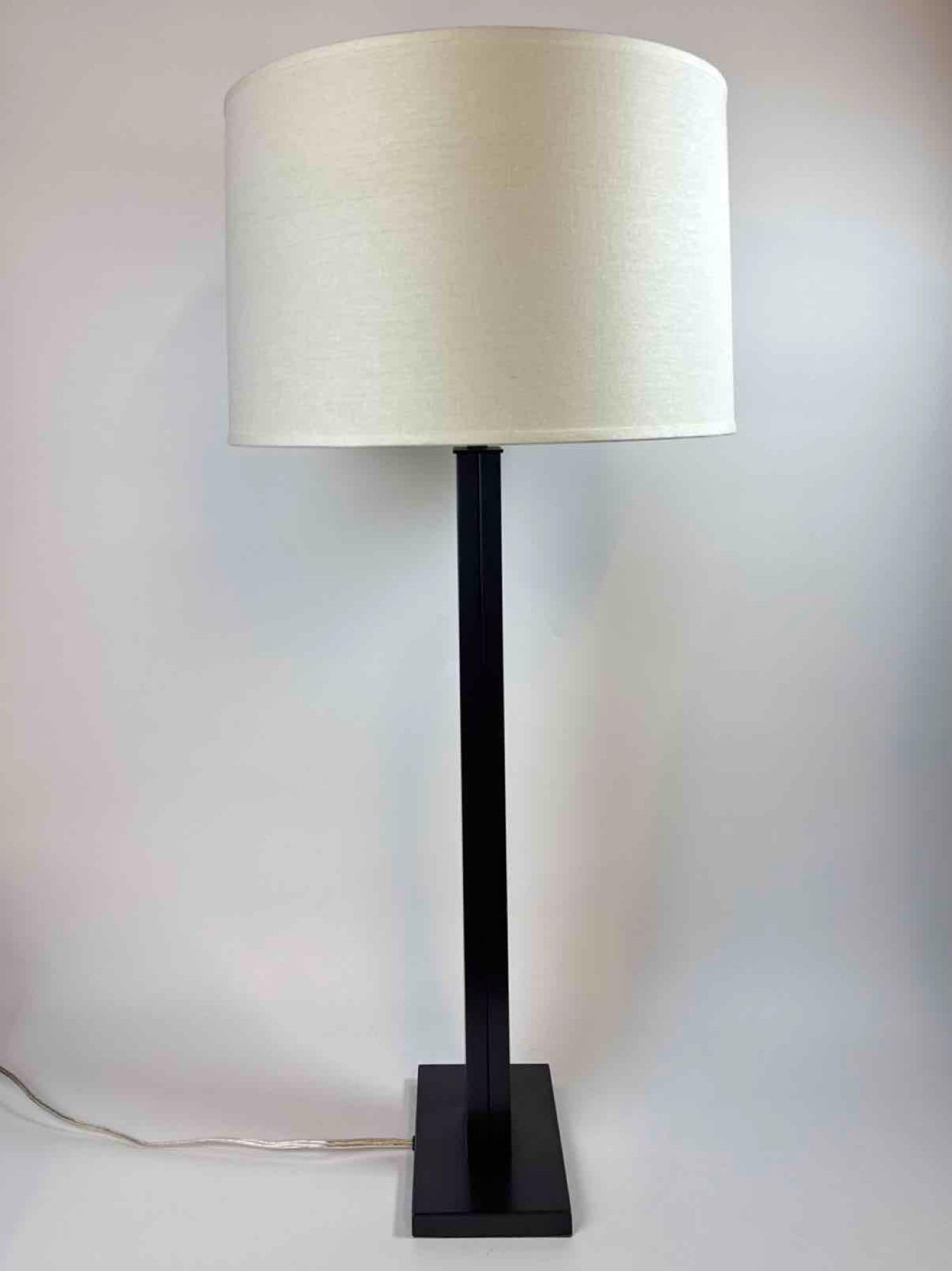 POTTERY BARN TABLE LAMP, BRONZED SQUARE COLUMN WITH LINEN DRUM SHADE - 4