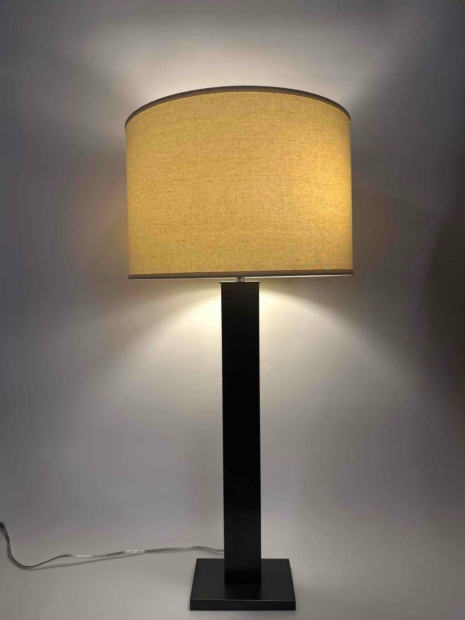 POTTERY BARN TABLE LAMP, BRONZED SQUARE COLUMN WITH LINEN DRUM SHADE - 5