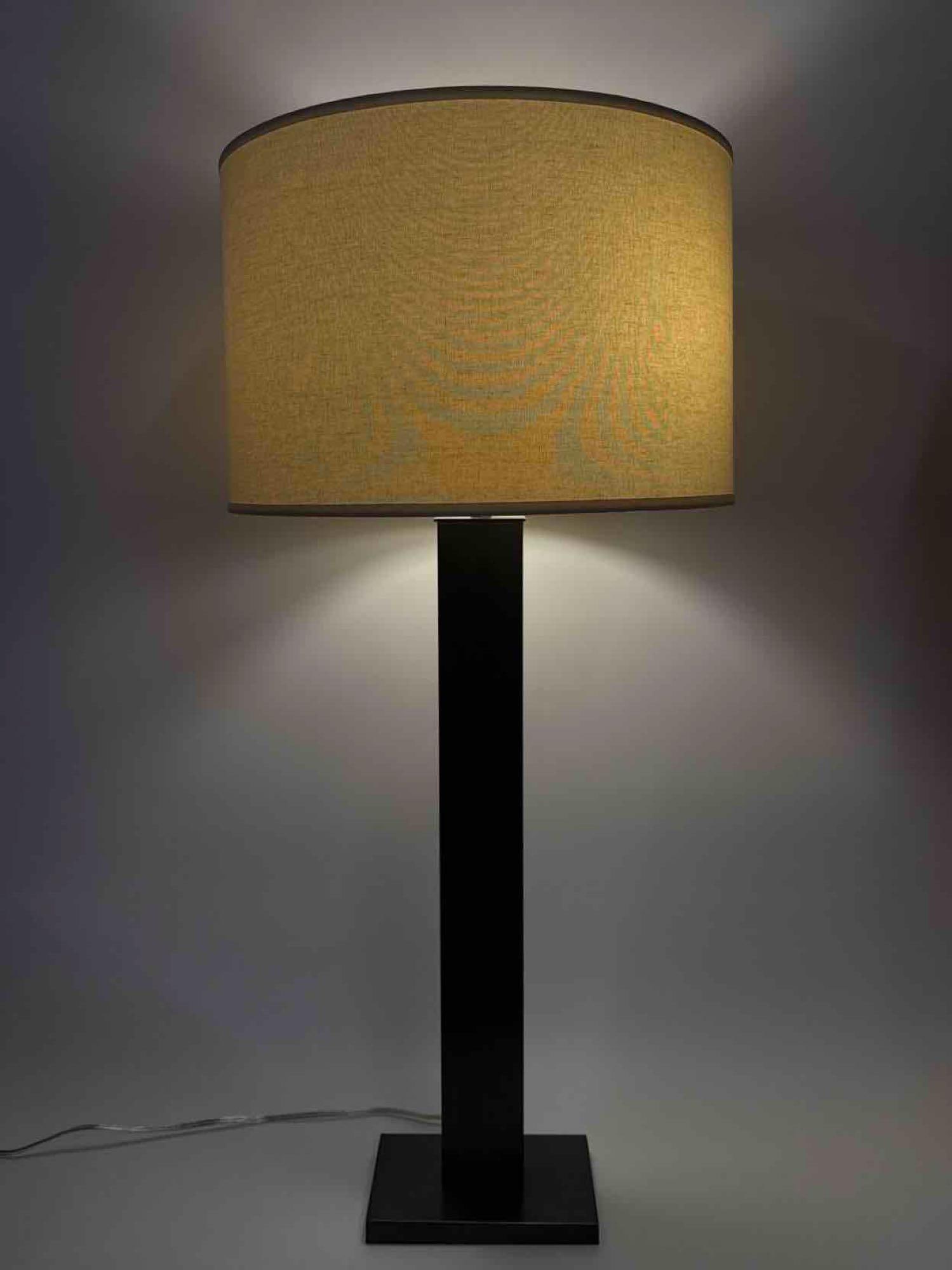 POTTERY BARN TABLE LAMP, BRONZED SQUARE COLUMN WITH LINEN DRUM SHADE - 6