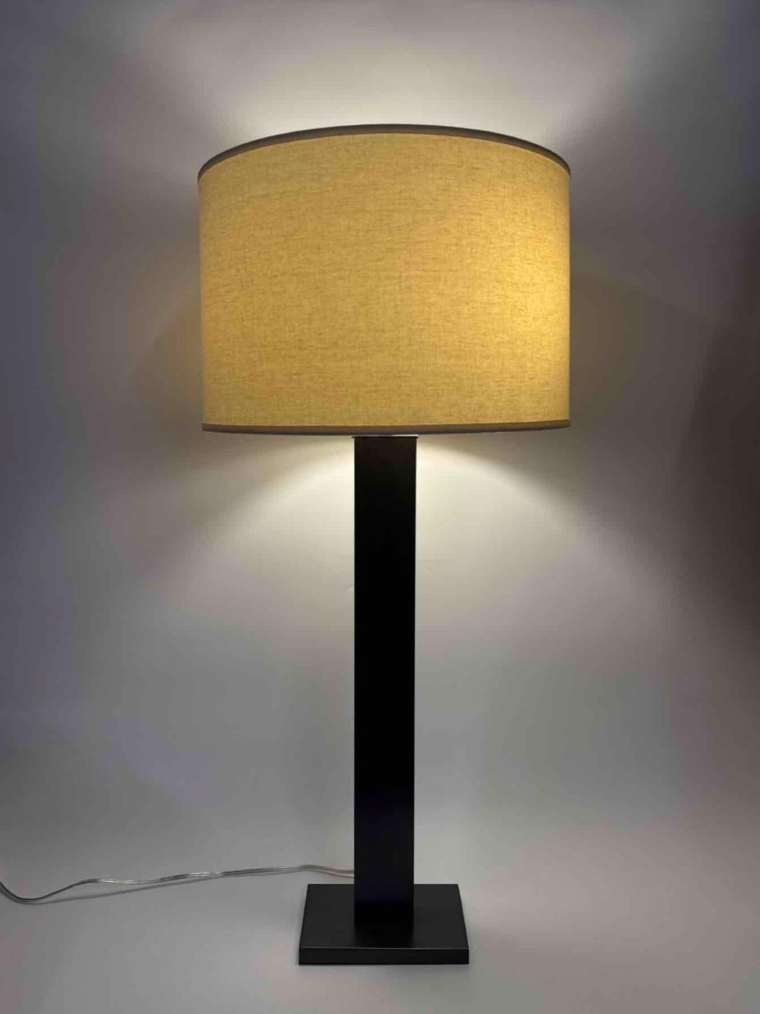 POTTERY BARN TABLE LAMP, BRONZED SQUARE COLUMN WITH LINEN DRUM SHADE - 7