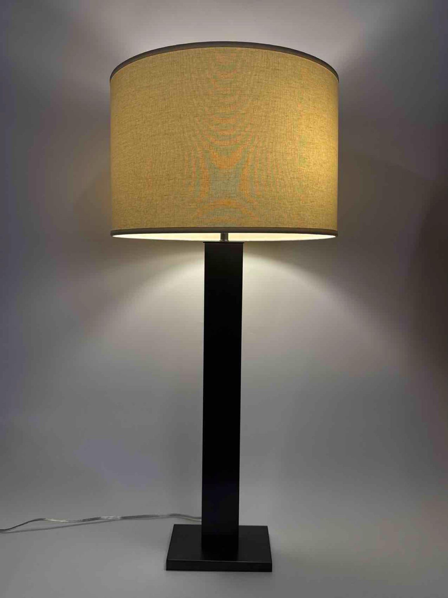 POTTERY BARN TABLE LAMP, BRONZED SQUARE COLUMN WITH LINEN DRUM SHADE - 8