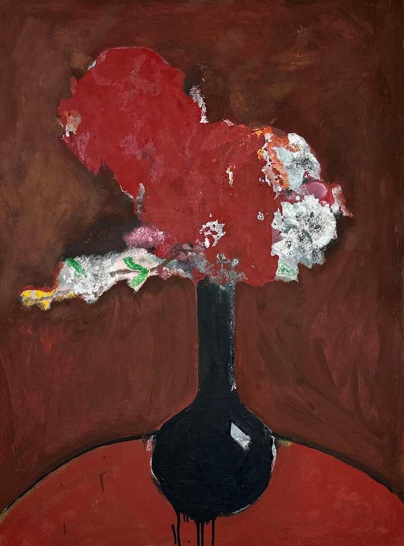 JAMES T. GRECO FLOWERS IN A VASE OIL ON LINEN: Still life of flowers in a dark bulbous vase against a deep oxblood ground, worked in heavy impasto with applied mixed media passages, oil on linen Approximate Dimensions: 40.5" x 30.5" Artist or Make