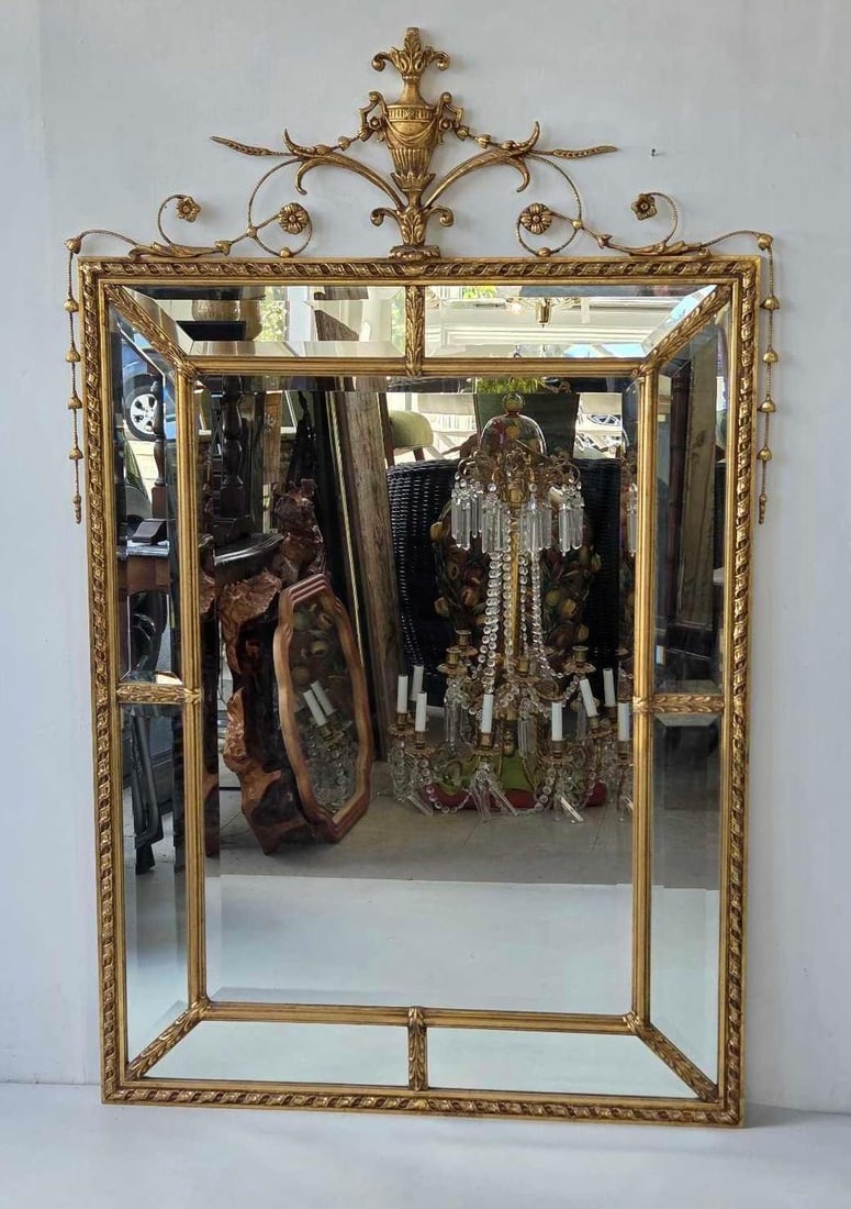 NEOCLASSICAL ADAM STYLE GILTWOOD MIRROR WITH URN AND SCROLL CREST (1 of 10)
