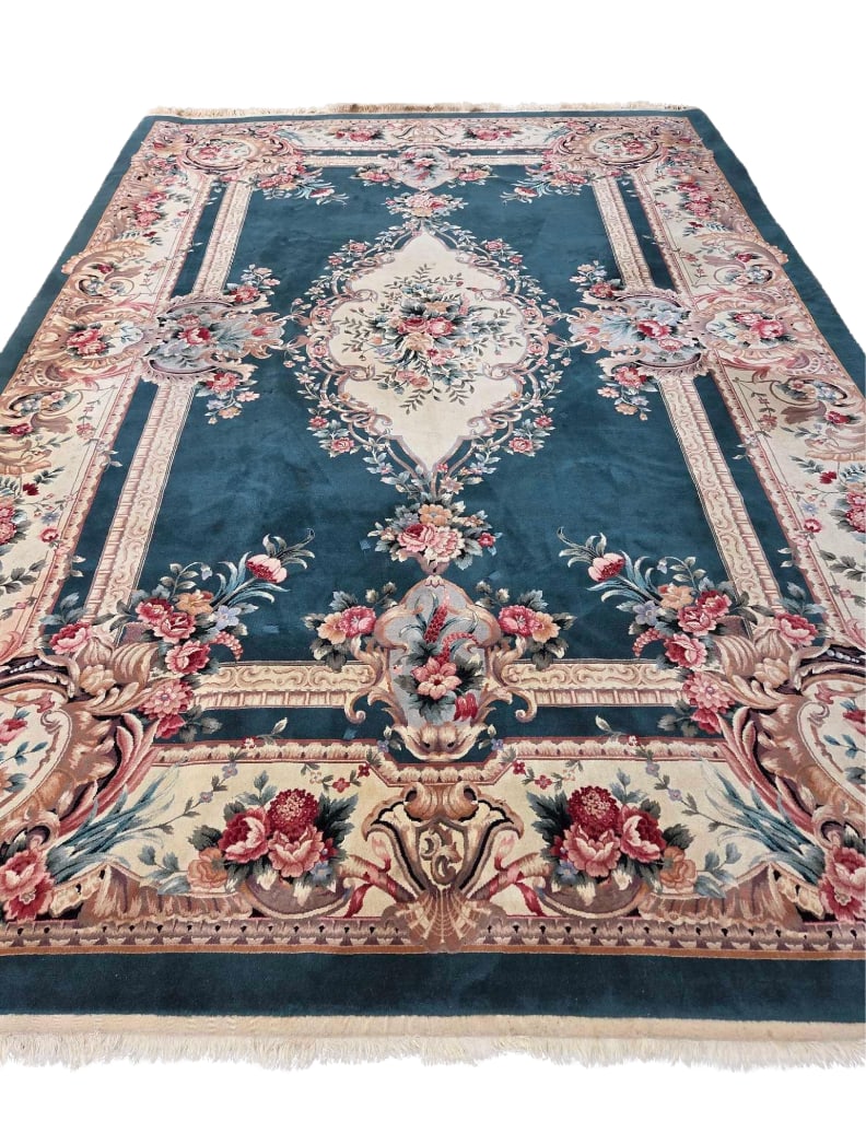 ROOM SIZED ORIENTAL RUG WITH FLORAL MEDALLION ON NAVY GROUND (1 of 20)