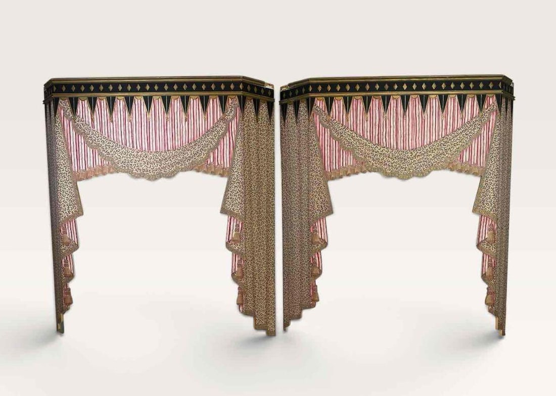 PAIR OF HAND PAINTED TROMPE L'OEIL CURTAIN PELMET WINDOW VALANCES: Pair of shaped window valances hand painted in trompe l'oeil as swagged and fringed drapery, in rose, cream and gilt over a studded dark upper border Approximate Dimensions: 53 1/4" x 60 1/2&#