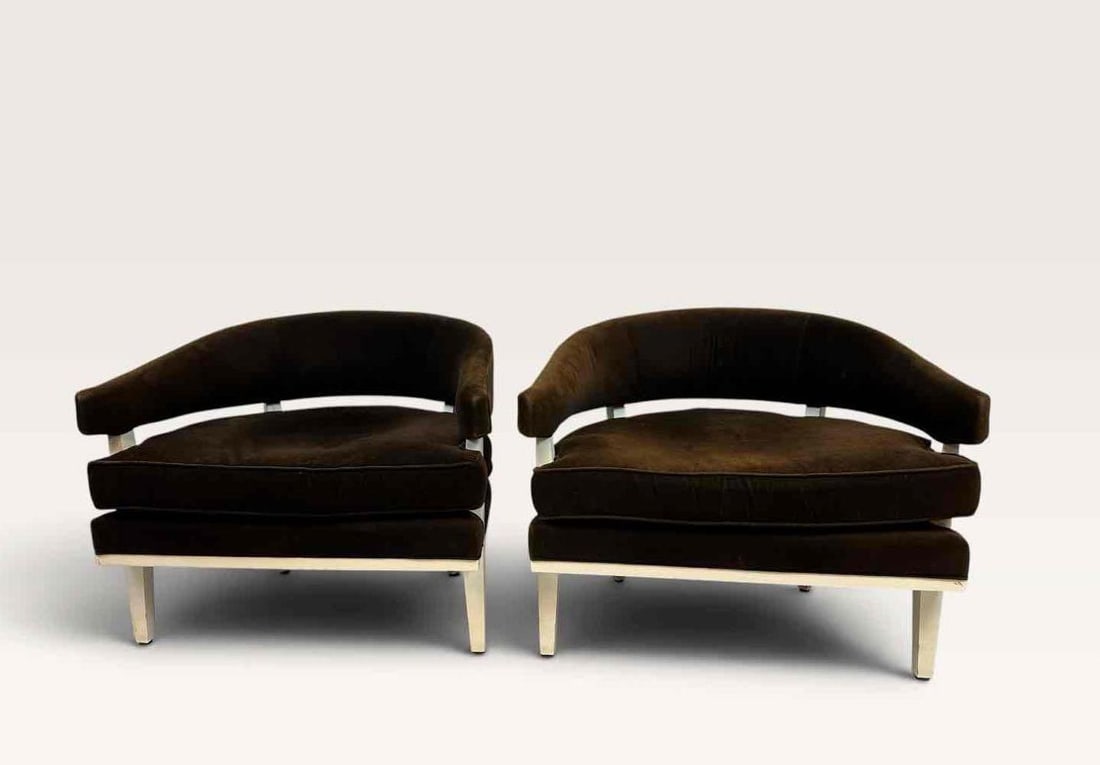PAIR OF JONATHAN ADLER BARREL BACK LOUNGE CHAIRS IN BROWN VELVET (1 of 7)