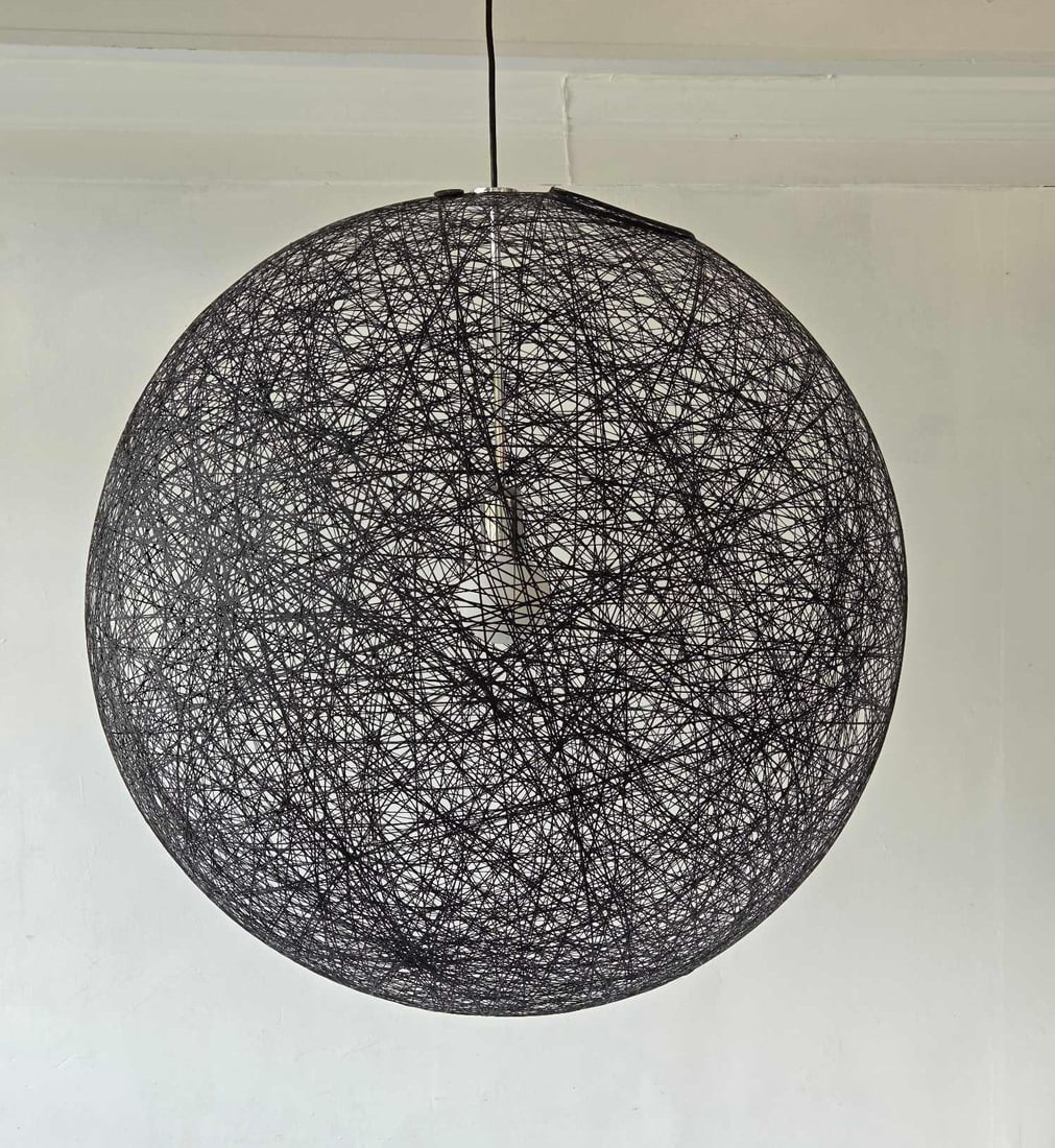 MOOOI RANDOM LIGHT 2 LARGE BLACK SPUN FIBERGLASS SPHERICAL PENDANT LIGHT FIXTURE: Large spherical pendant light fixture, the open globe formed of densely wound black filament over an interior lamp holder, suspended from a slender cord mount Approximate Dimensions: 33.5" DIA