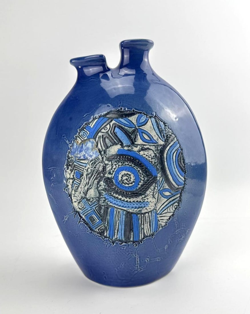 TENMOKUY POTTERY COBALT BLUE DOUBLE MOUTHED ART POTTERY VASE WITH SGRAFFITO MEDALLION (1 of 14)