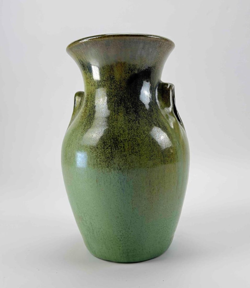 GREEN GLAZED TWO HANDLED ART POTTERY VASE (1 of 5)