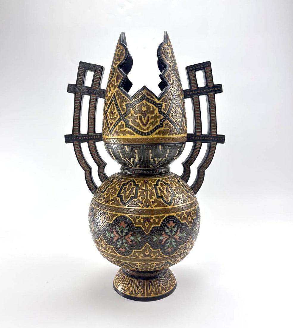 LARGE MIDDLE EASTERN STYLE HISPANO MOORISH VASE / DOUBLE GOURD VESSEL WITH PIERCED CREST: Double gourd ceramic vessel cloisonne d ark ground with dense gilt arabesque and geometric banding, surmounted by an openwork crest with paired upright finials, raised on a stepped circular foot Appro