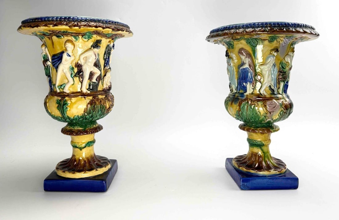 PAIR OF ITALIAN MAJOLICA CAMPANA URNS WITH ISTORIATO FIGURAL DECORATION (1 of 6)