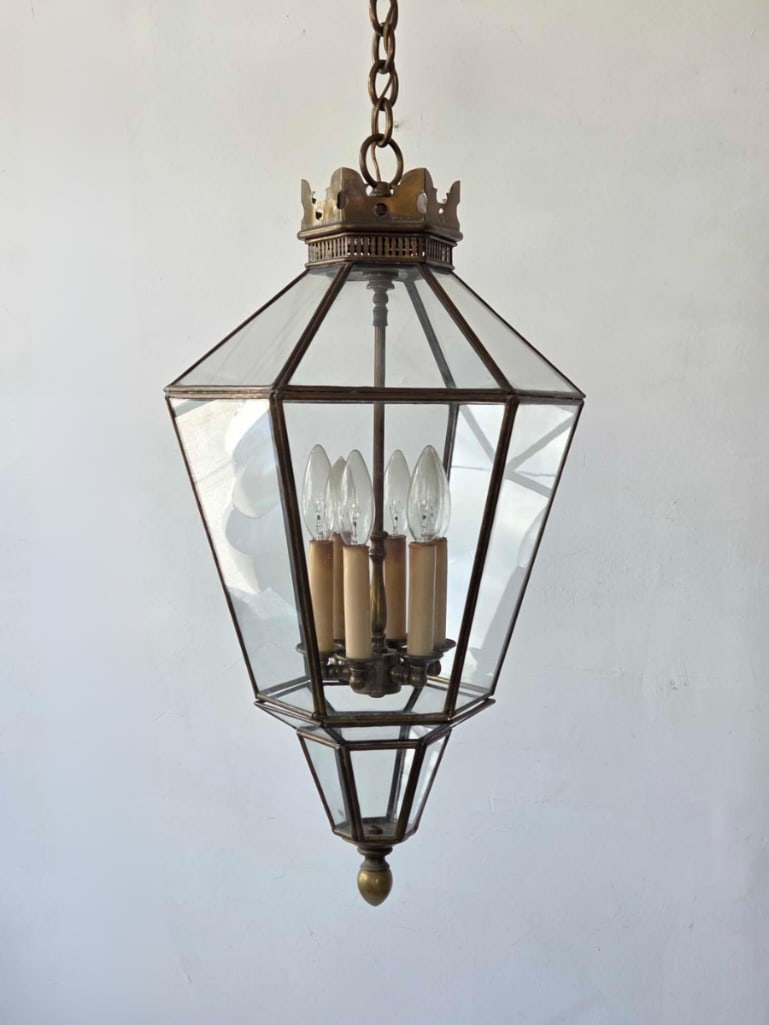 BRASS AND GLASS HEXAGONAL MULTI PANEL LANTERN FIXTURE (1 of 7)