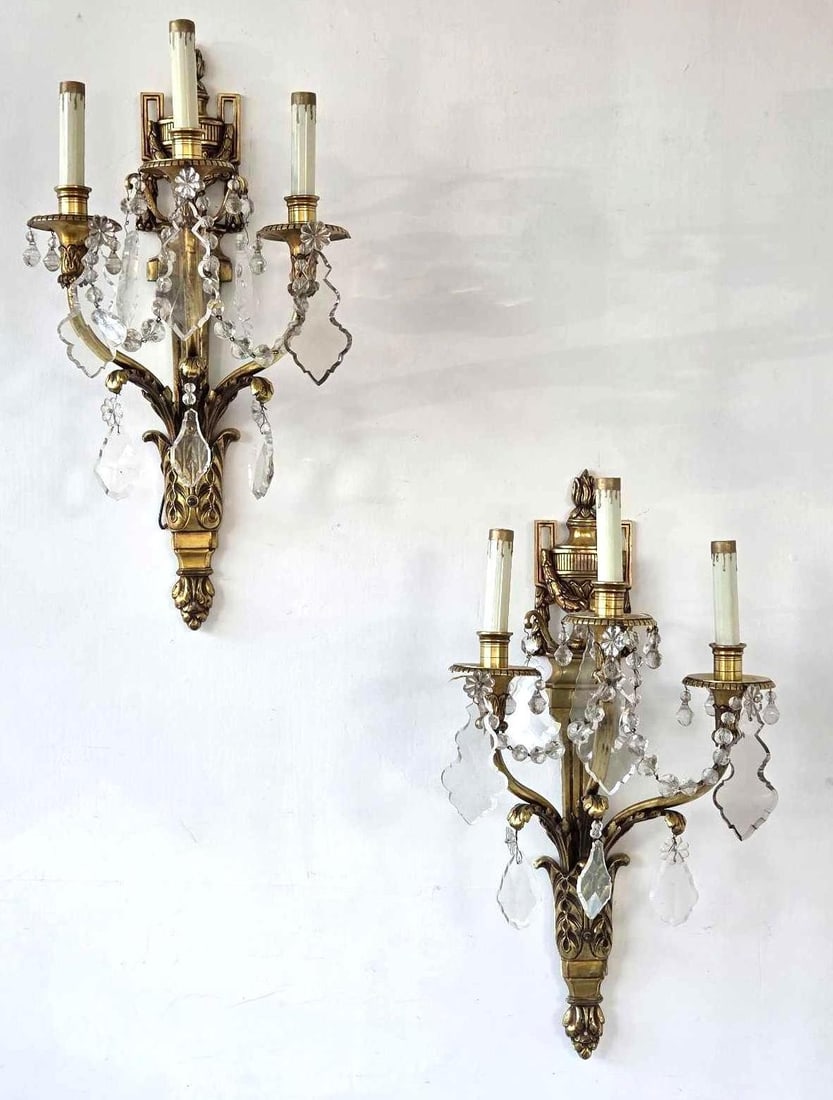 PAIR OF VINTAGE FRENCH BRONZE AND CRYSTAL THREE ARM SCONCES WITH URN AND ACANTHUS LEAF MOTIF (1 of 14)