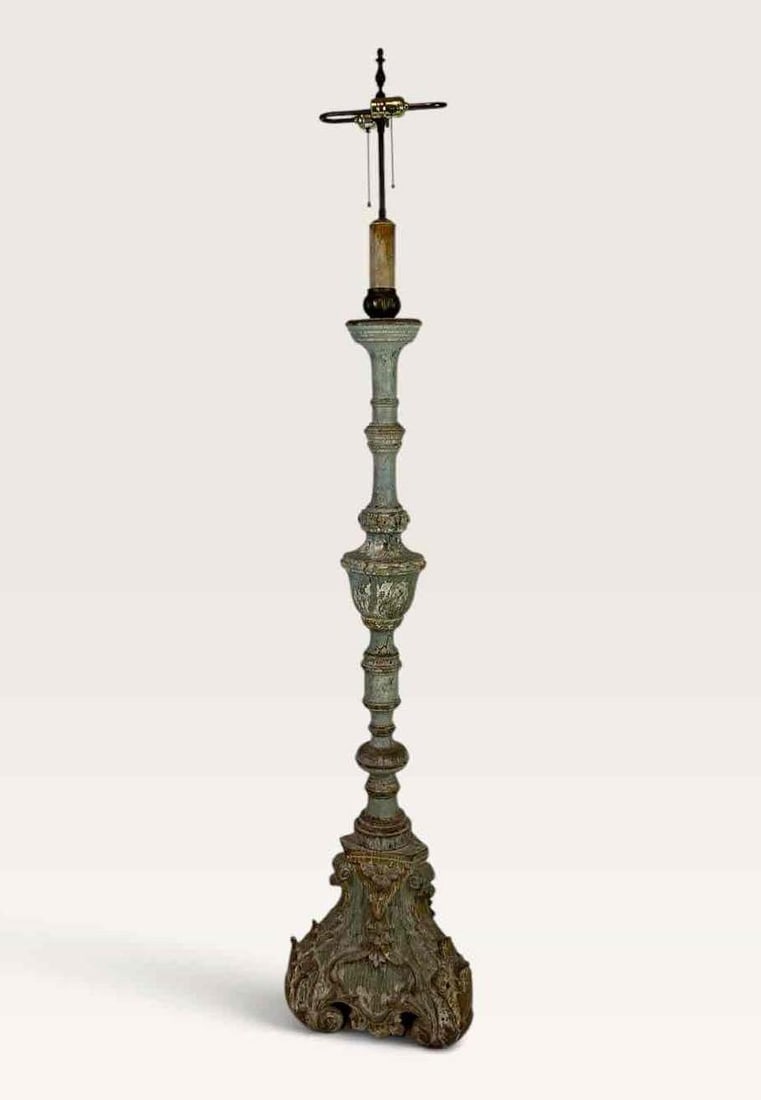 ITALIAN BAROQUE STYLE CARVED POLYCHROME AND PARCEL GILT ALTAR PRICKET TORCHERE FLOOR LAMP (1 of 13)