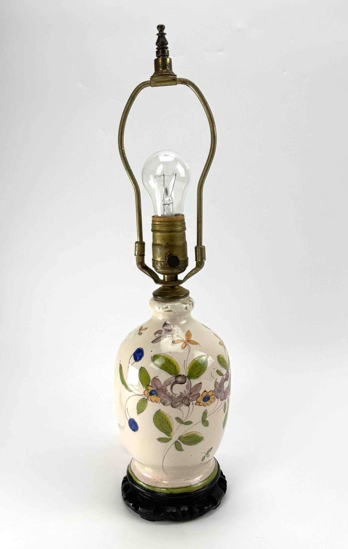 FLORAL PAINTED PORCELAIN TABLE LAMP ON CARVED WOOD BASE (1 of 4)