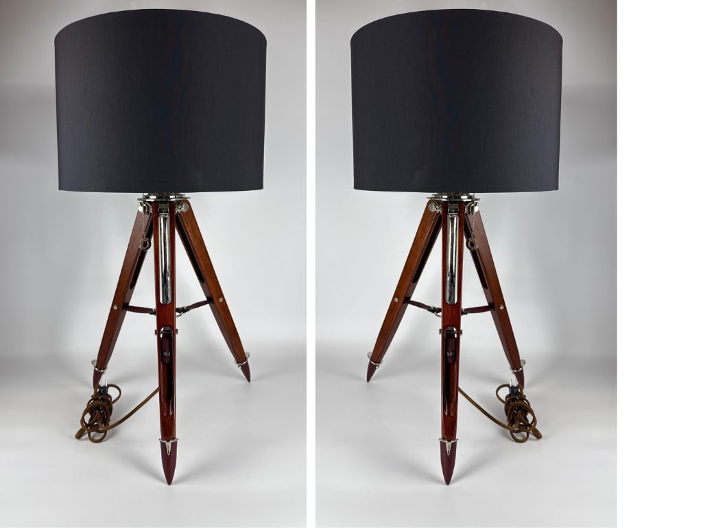PAIR OF RALPH LAUREN HOLDEN SURVEYOR’S TRIPOD TABLE LAMPS WITH BLACK SHADES (1 of 16)