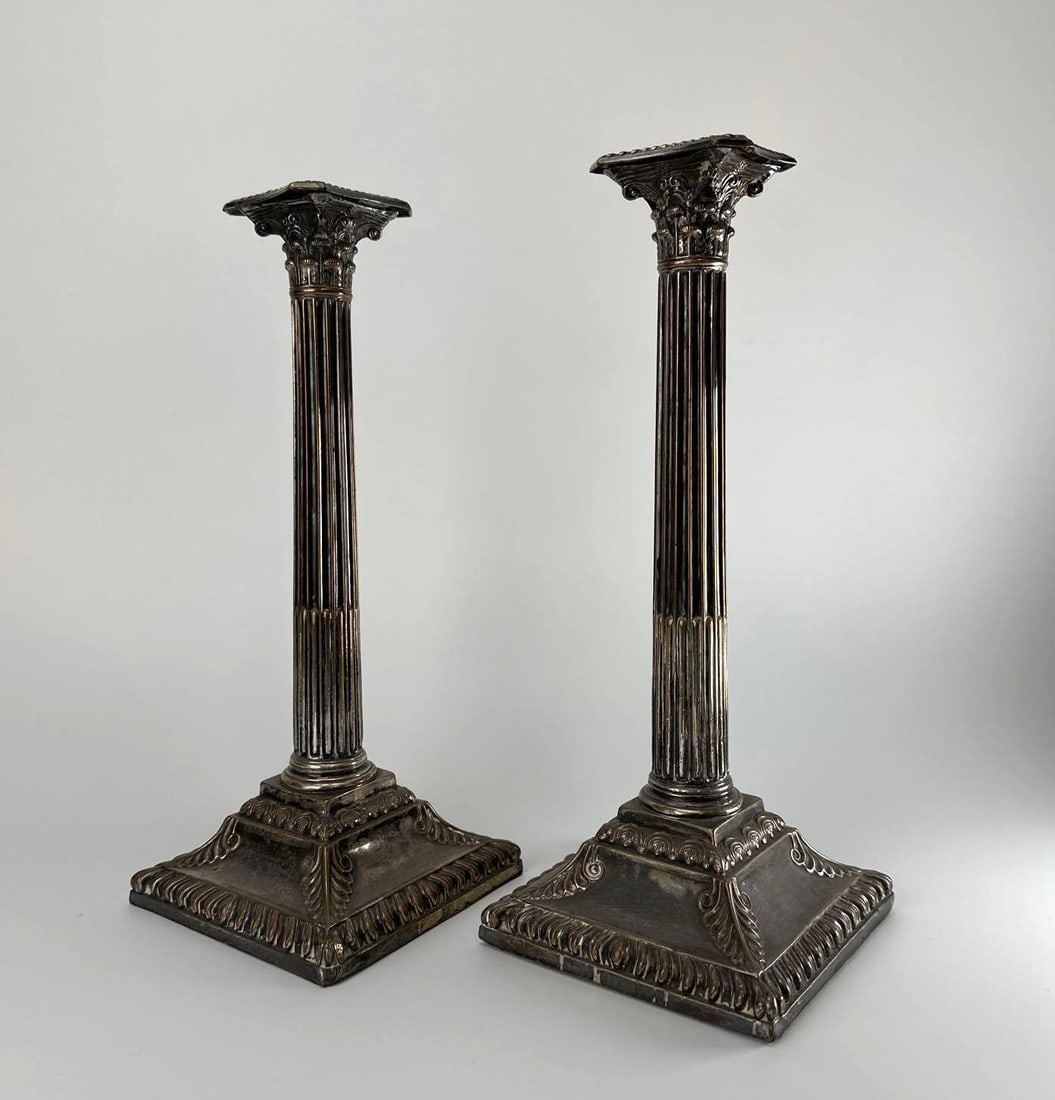 PAIR SILVERED CORINTHIAN COLUMN CANDLESTICKS - 2