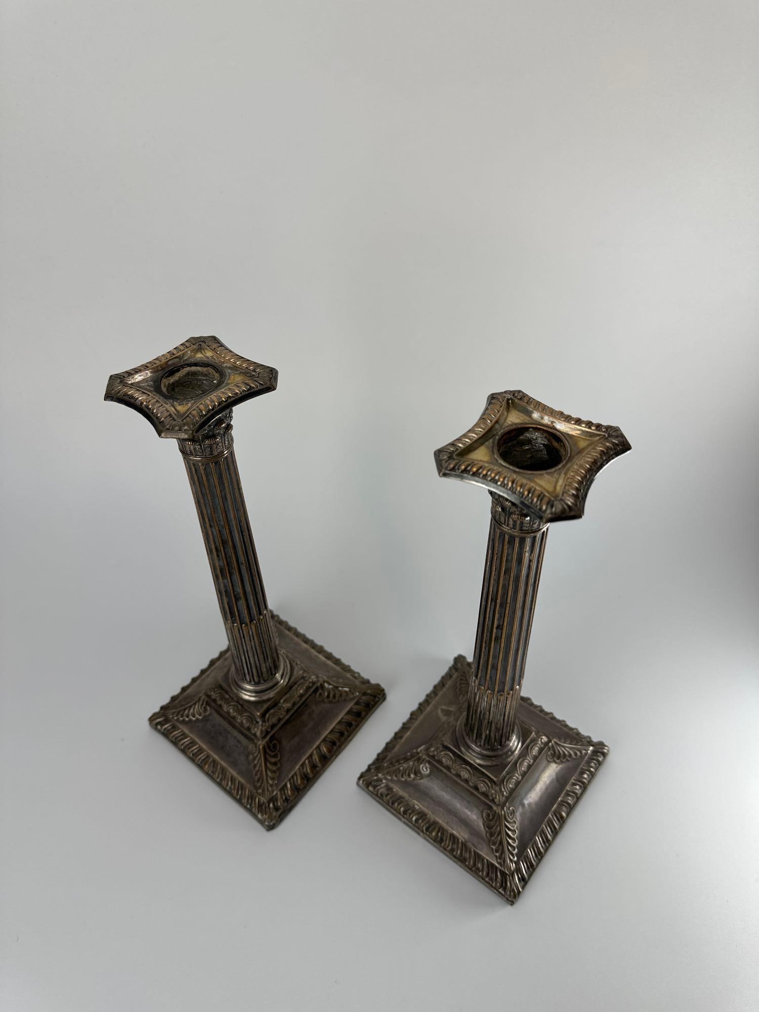 PAIR SILVERED CORINTHIAN COLUMN CANDLESTICKS - 3
