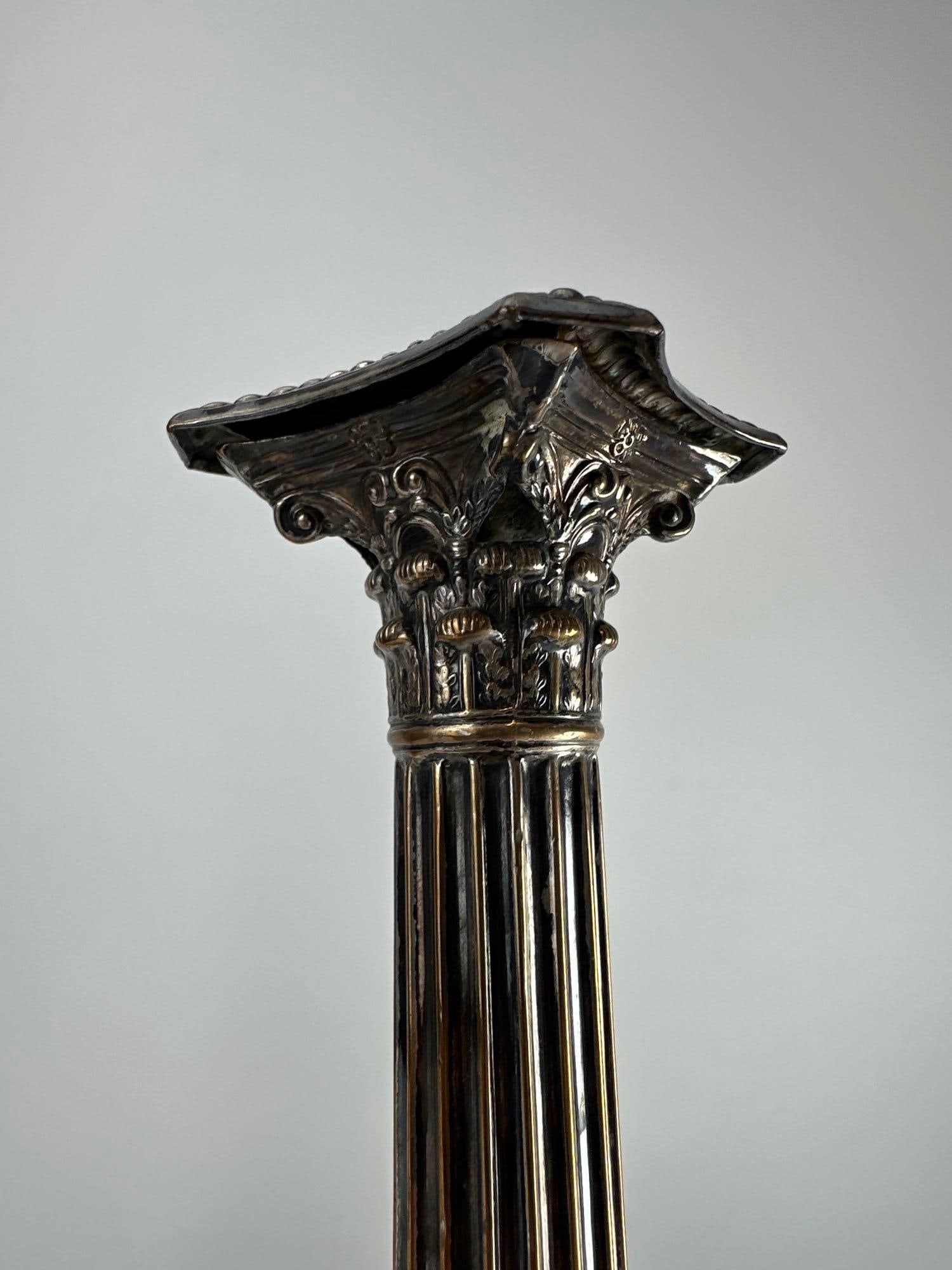 PAIR SILVERED CORINTHIAN COLUMN CANDLESTICKS - 4