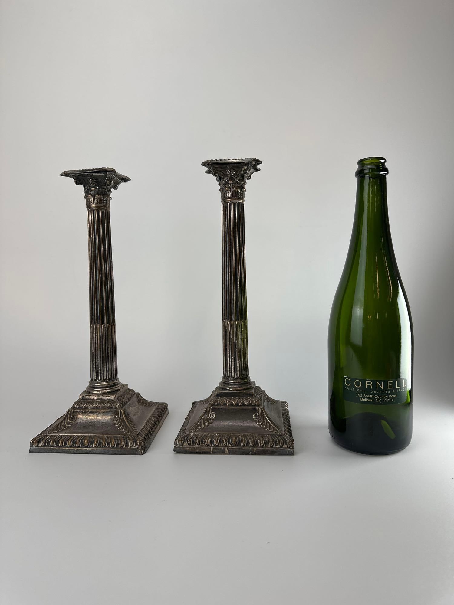 PAIR SILVERED CORINTHIAN COLUMN CANDLESTICKS - 6