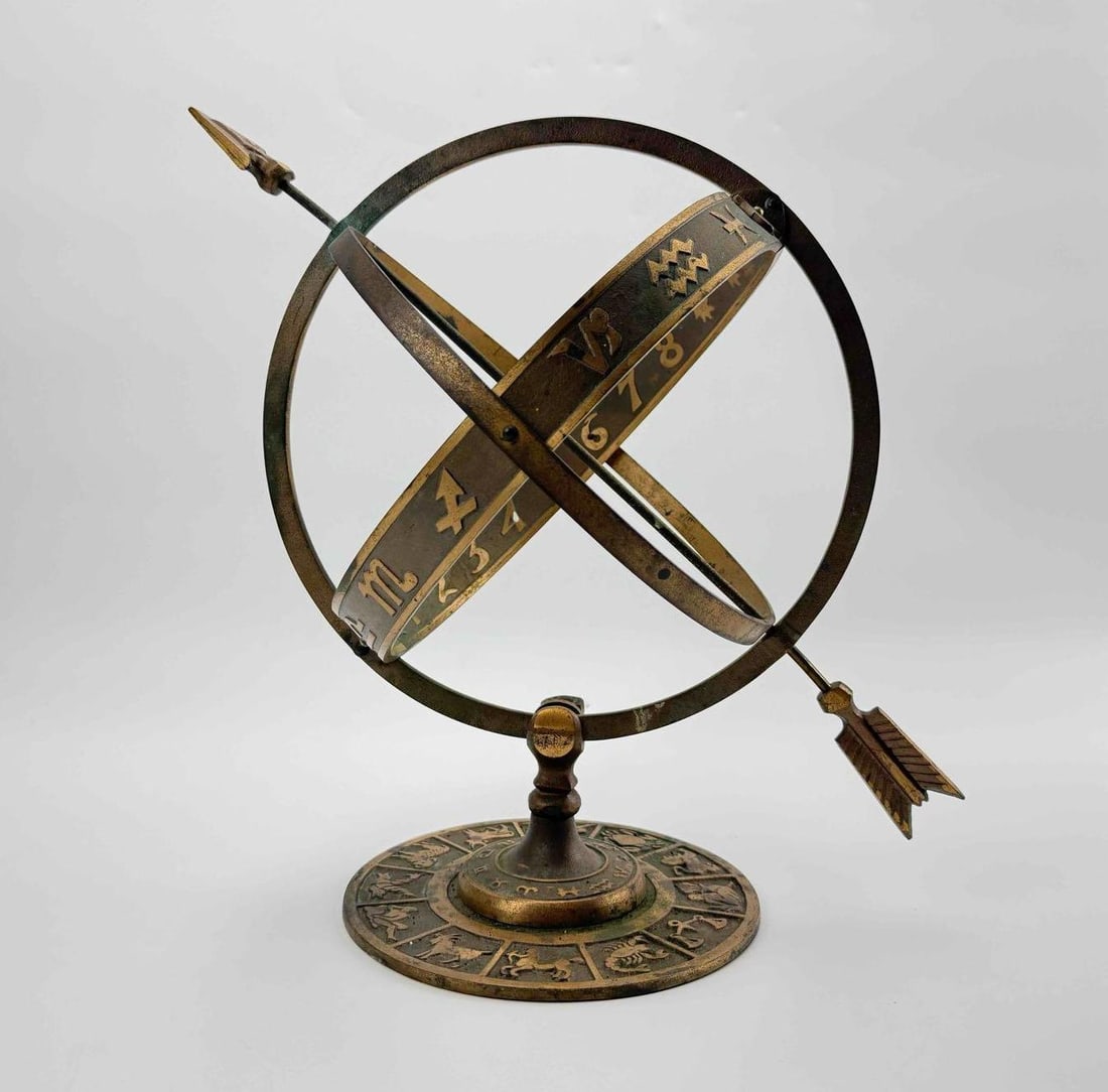 BRASS ARMILLARY SPHERE SUNDIAL ON CAST ZODIAC BASE (1 of 4)