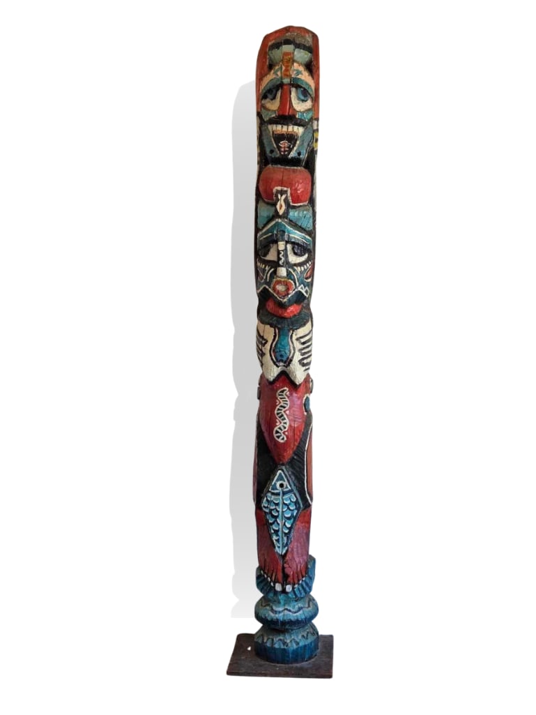 LARGE EIGHT FOOT TALL CARVED AND POLYCHROME PAINTED TOTEM POLE: Large carved wood totem pole of stacked stylized faces and figures, painted in polychrome. Marked indecipherabley, "ACH"? Approximate Dimensions: 8' H X 10" W X 12" D; base 16"