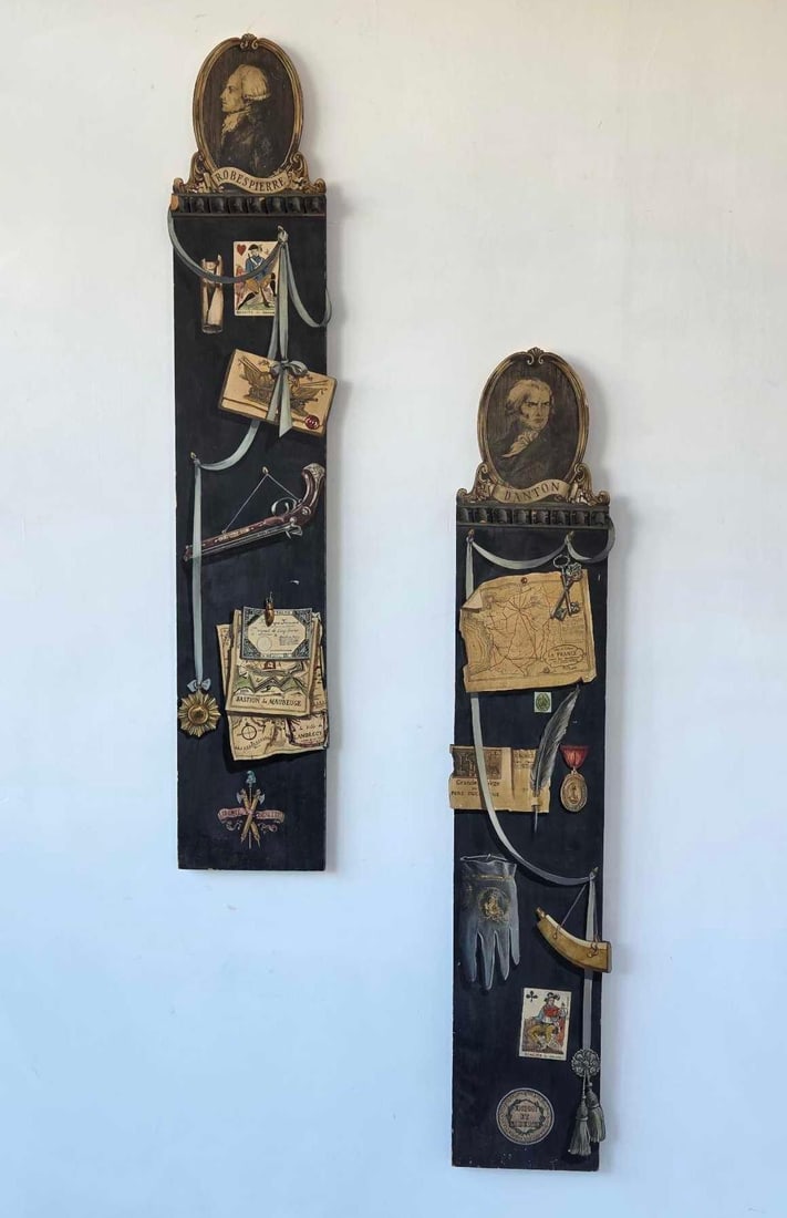 PAIR OF VINTAGE FRENCH TROMPE L'OEIL PANELS: Pair of tall narrow trompe l'oeil panels, each with a classical bust in a shaped cartouche at the top above a dark ground painted with pinned cards, ribbons and scattered objects in the manner of 