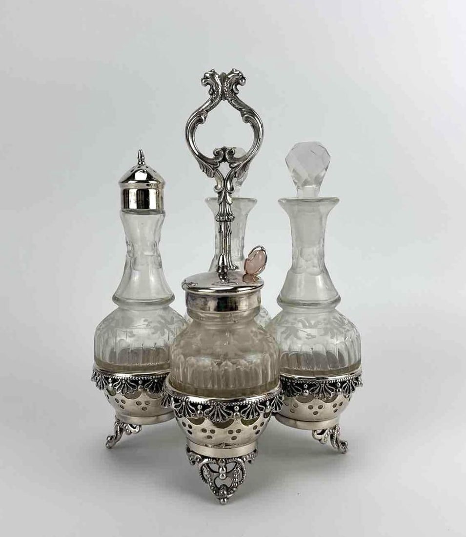 COMPLETE FOUR PIECE DRESSER SET IN ORIGINAL STAND (1 of 9)