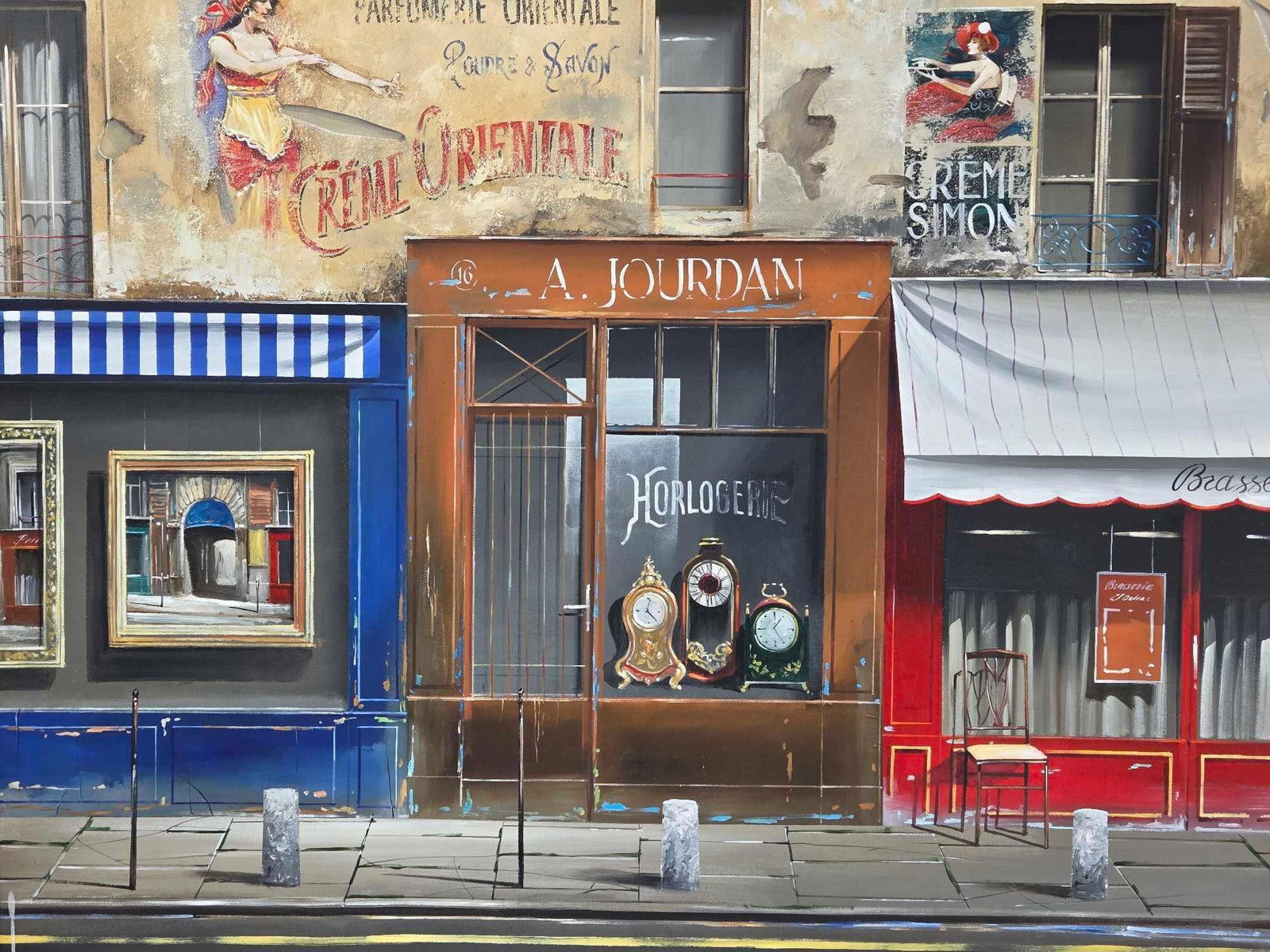 OVERSIZED FRENCH TROMPE-LOEIL STOREFRONT STREET SCENE PAINTING SIGNED NESTOR: *Oversized vintage oil painting depicting a charming Parisian or French street scene in a detailed trompe-l'œil style. Approximate Dimensions: 58" H X 70" W Artist or Maker: Nestor Provenance: A New 