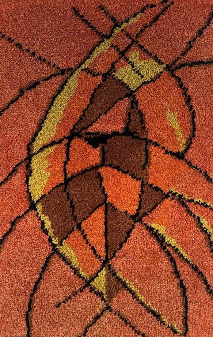 MID CENTURY MODERN WOOLWORK FIBER ART WALL HANGING, ABSTRACT: Mid century abstract woolwork wall hanging in warm rust, orange and gold tones on a dark ground Approximate Dimensions: 41" H x 27" W overall Artist or Maker: Unknown Provenance: From a New Yo