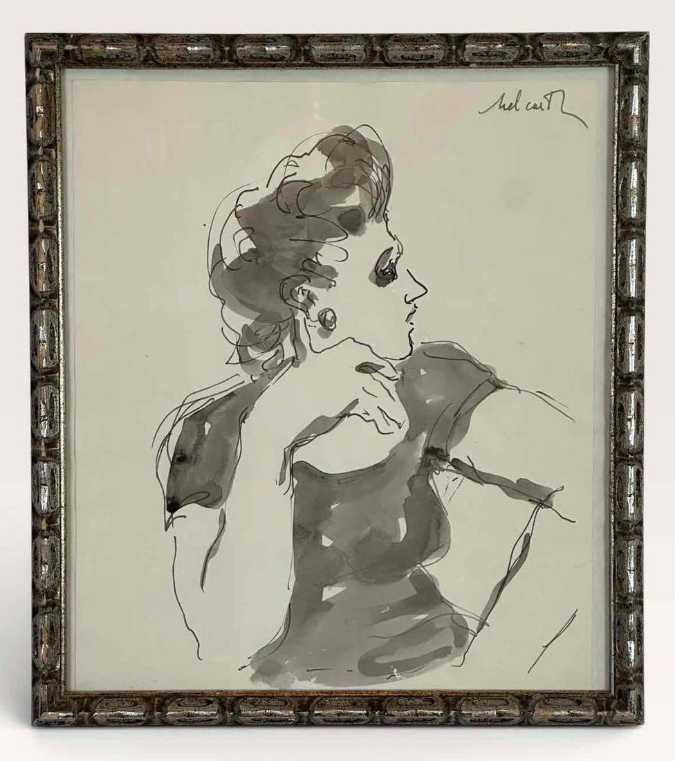 EDWARD MELCARTH SIGNED INK AND WASH PORTRAIT OF A WOMAN, FRAMED: Ink and grey wash portrait study of a woman in three-quarter profile, hair swept up, shoulders bare, drawn with a rapid brushed line on cream paper, framed under glass in a moulded silvered frame Sign