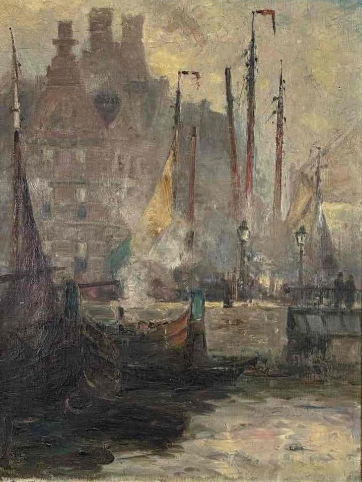 TONALIST HARBOR SCENE OIL ON CANVAS, MOORED BARGES AND TOWNSCAPE, GILT FRAME: Tonalist harbor scene, oil on canvas. Approximate Dimensions Sight and Frame: sight 16" H x 12" W; frame 19" H x 15" W Artist or Maker: Unknown Provenance: From a New York Collector No