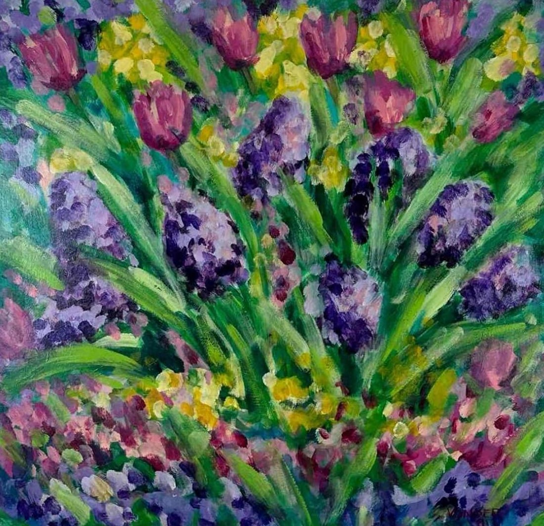 VONDER SIGNED GARDEN SERIES PAINTING ON CANVAS, DATED 1991, FLORAL BORDER: Vivid garden border painting on canvas. Approximate Dimensions: 30" H x 30" W Artist or Maker: Vonder. Signed lower right in red VONDER and dated 91. The reverse retains the artist's printed GARDEN SE