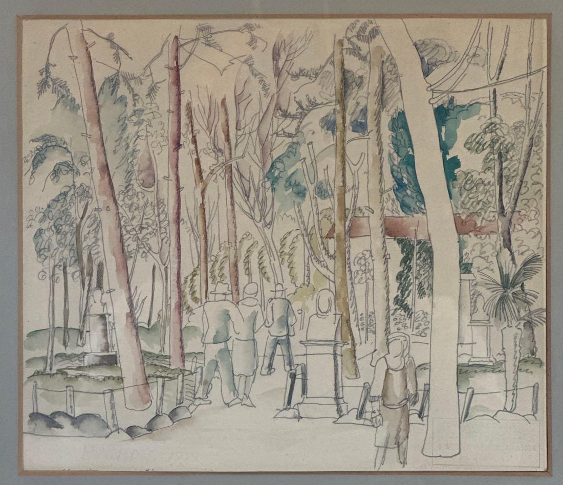 RAOUL DUFY ATTR. PARK SCENE WATER COLOR PAINTING: Pencil with watercolor wash on paper, float mounted in a double mat and a distressed giltwood frame. NOTE: This has been examined out of the frame and has the stamp on front but no visible signature o