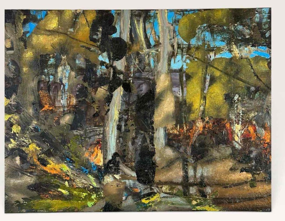 THOMAS BOSKET CRAWSON ROAD 2010 OIL ON PANEL: Densely worked wooded landscape, oil on wood panel, unframed Approximate Dimensions: 7.5" x 12" Artist or Maker: Thomas Bosket Provenance: From a Ne