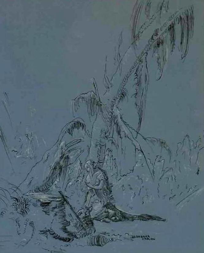 BARBARA KAPLAN ABSTRACT INK DRAWING: Abstract botanical composition in fine pen and ink on blue-grey paper, in a cream mat and slim gilt metal frame Approximate Dimensions: 9" x 11"; frame 13.5" x 15.25" Artist or Mak