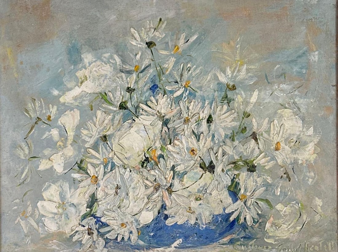 IMPASTO WHITE FLOWERS STILL LIFE OIL PAINTING: Full bouquet of white blossoms in a vase against a soft blue-grey ground, oil on canvas worked in heavy impasto, in a wide limed oak frame Approximate Dimensions: Unframed 18" x 14"; framed 24