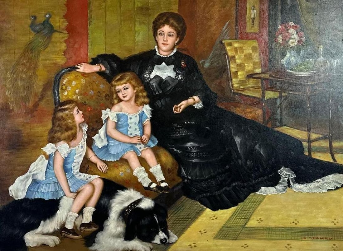 R. STANFORD LARGE OIL PAINTING AFTER PIERRE-AUGUSTE RENOIR "MADAME CHARPENTIER AND HER CHILDREN": Large interior group portrait of a seated woman in black with two young girls in white and blue, one seated on a large dog, oil on canvas, in an ornate gilt and ebonized frame Approximate Dimensions: 