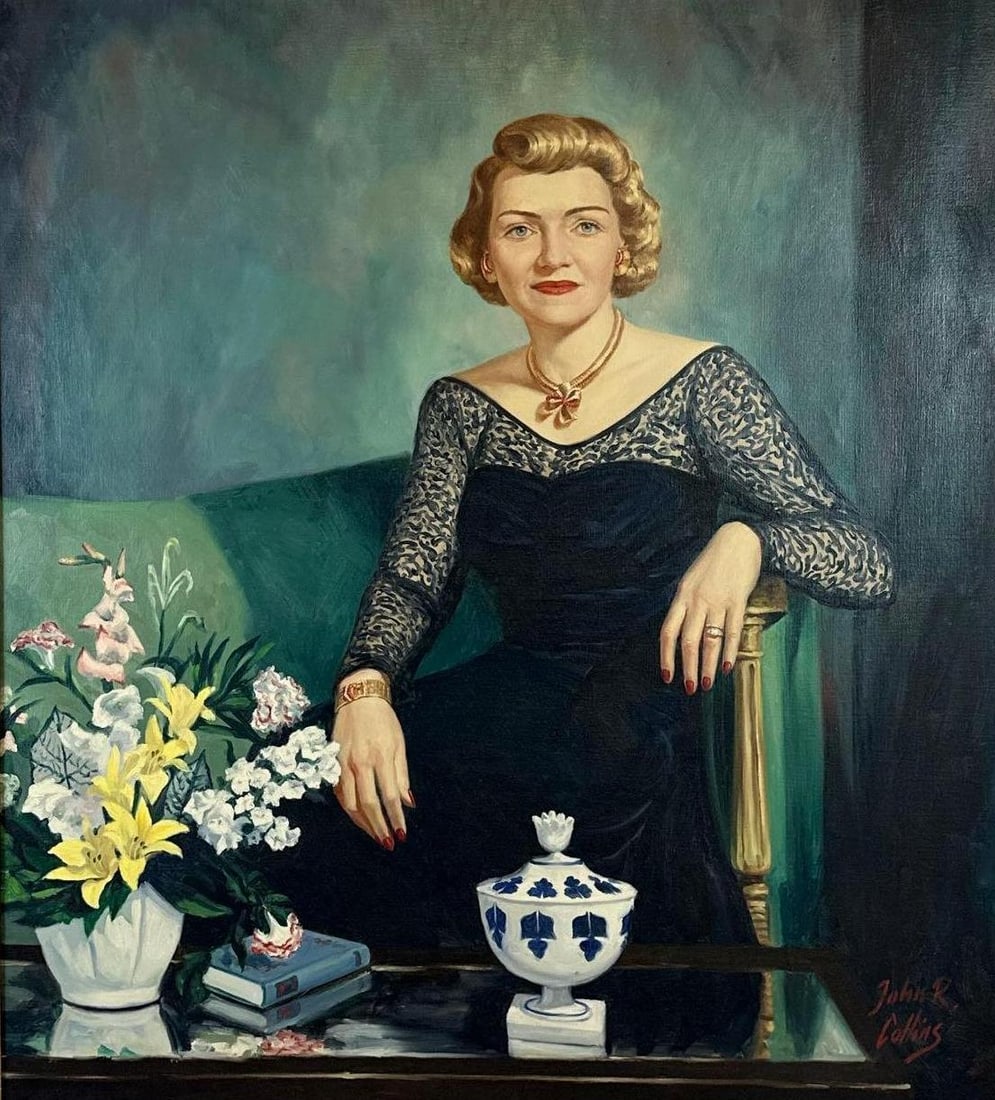 JOHN R. COLLINS LARGE PORTRAIT OF A WOMAN OIL ON CANVAS SIGNED JOHN R. COLLINS: Three-quarter length portrait of a blonde woman in a black lace gown Approximate Dimensions: 35" x 40"; frame 41.5" x 47" Artist or Maker: John R. Collins