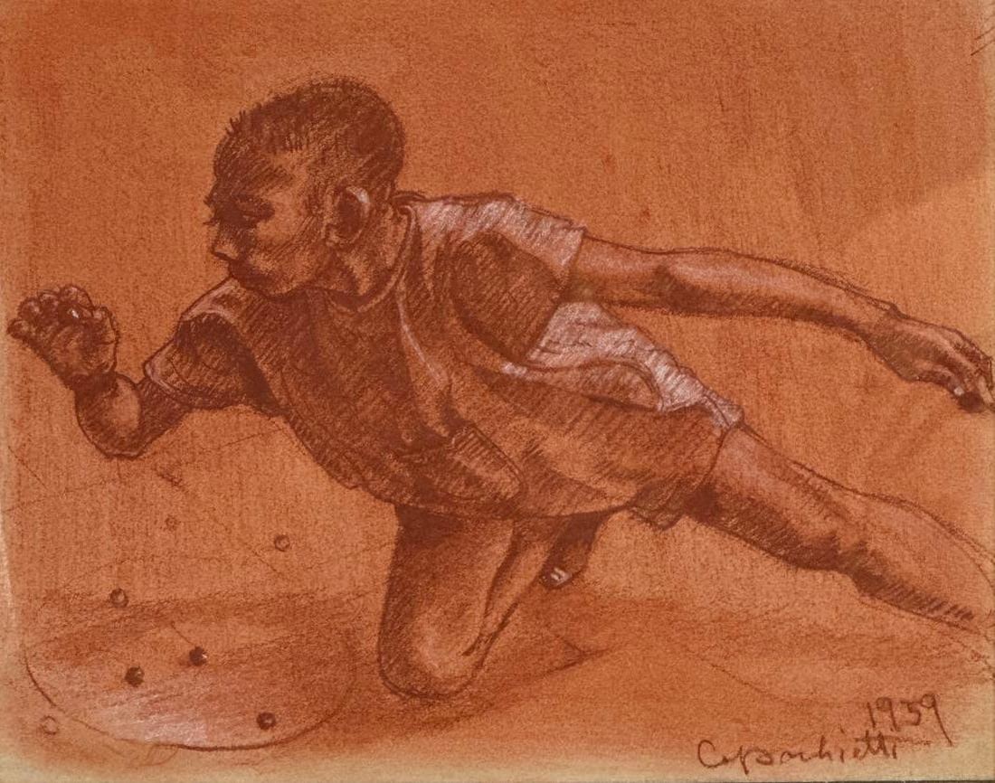 BOY PLAYING MARBLES SANGUINE DRAWING SIGNED 1939 (1 of 6)