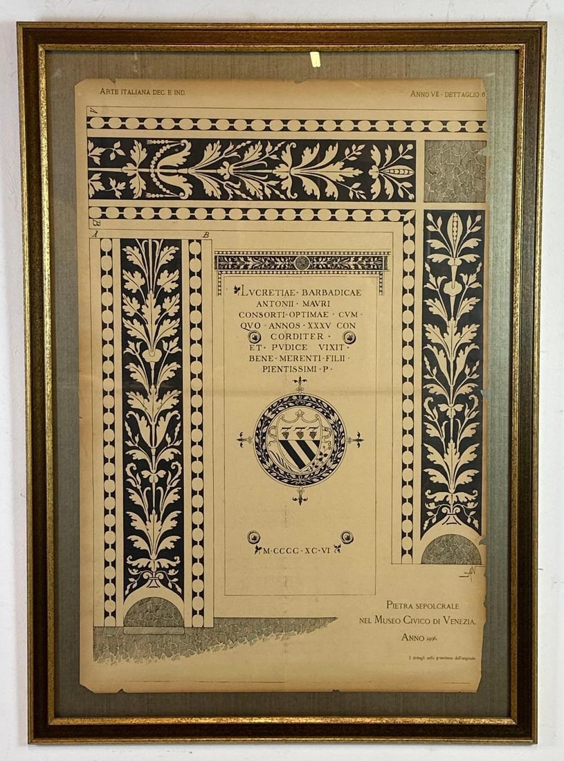 ITALIAN ART NOUVEAU LITHOGRAPHED CERTIFICATE WITH DECORATIVE BORDERS: Italian lithographed presentation certificate in the Liberty taste Approximate Dimensions: Image 23" x 33"; framed 29" x 40" Artist or Maker: Unknown