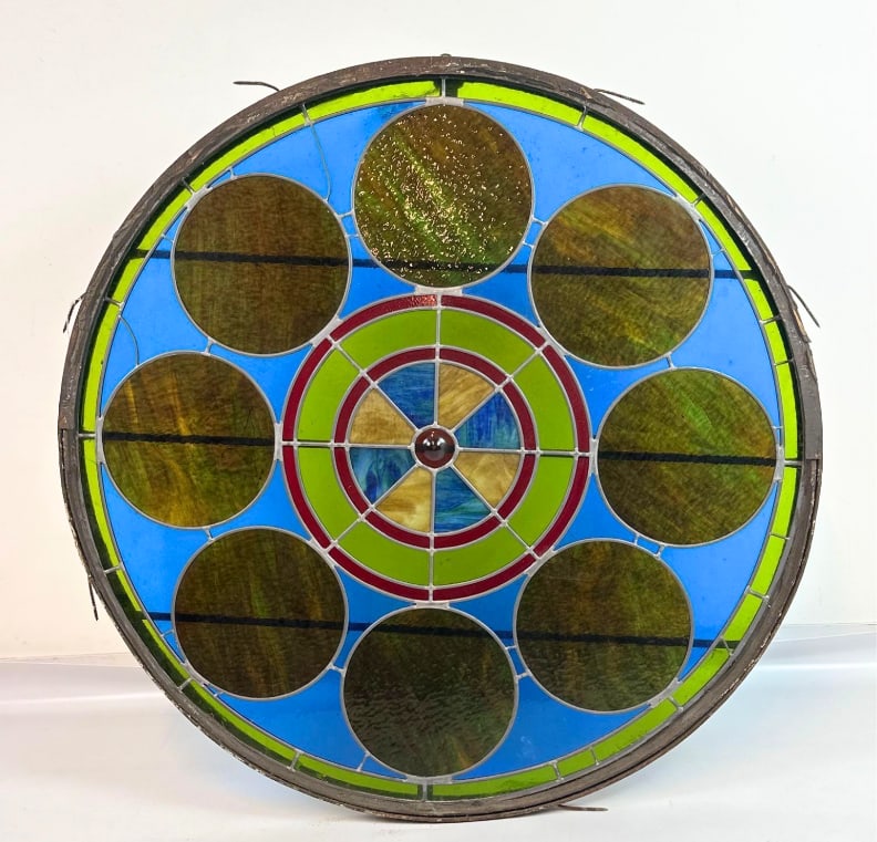 AMERICAN ARTS AND CRAFTS 42 INCH CIRCULAR GEOMETRIC LEADED STAINED GLASS WINDOW | ROSE WINDOW (1 of 11)
